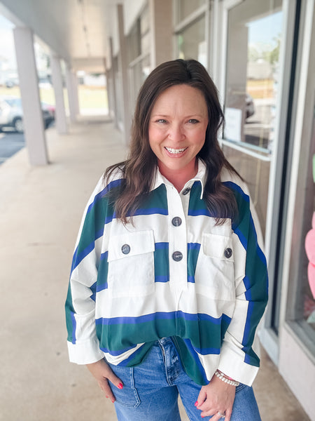 Green & White Striped Sweatshirt