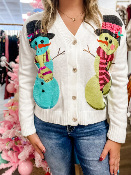 White Snowman Cardigan:  Queen of Sparkles