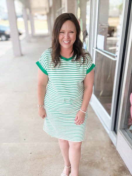 Green Striped Drawstring Dress