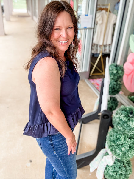 Navy Blue Ruffle Top
