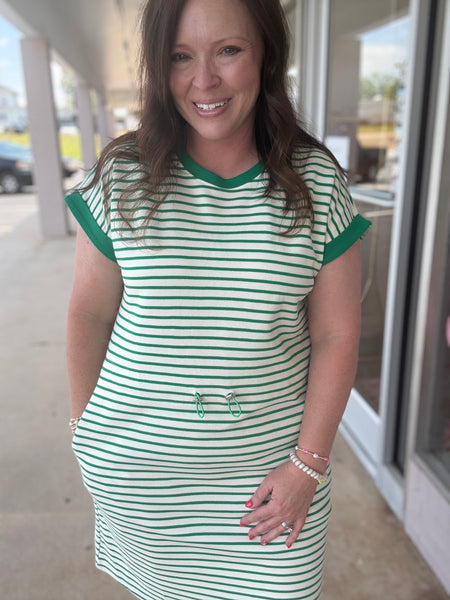 Green Striped Drawstring Dress