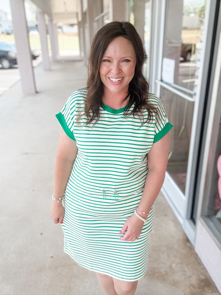 Green Striped Drawstring Dress
