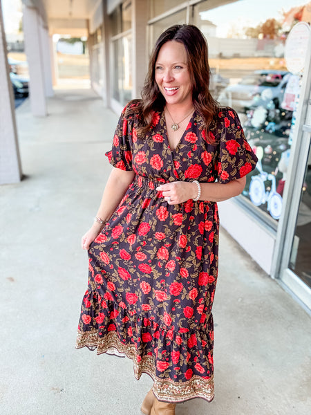 Crimson Bloom Midi Dress