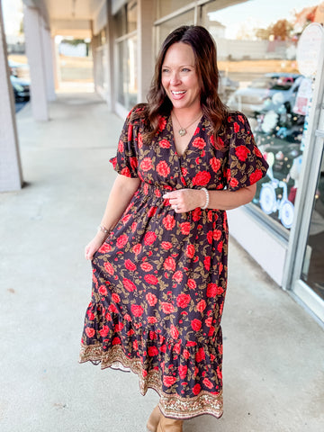 Crimson Bloom Midi Dress