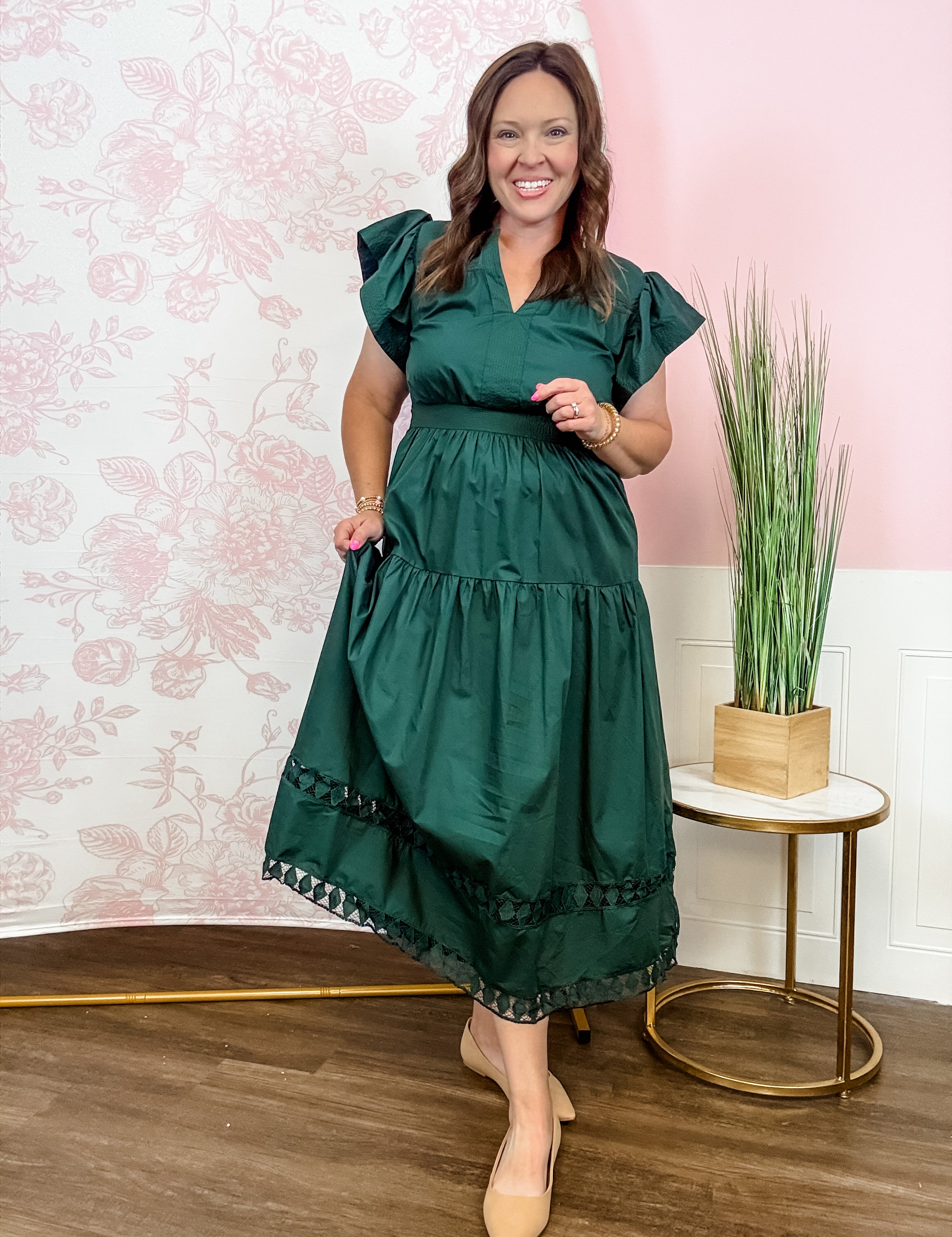 Emerald Ruffle Sleeve Tiered Midi Dress