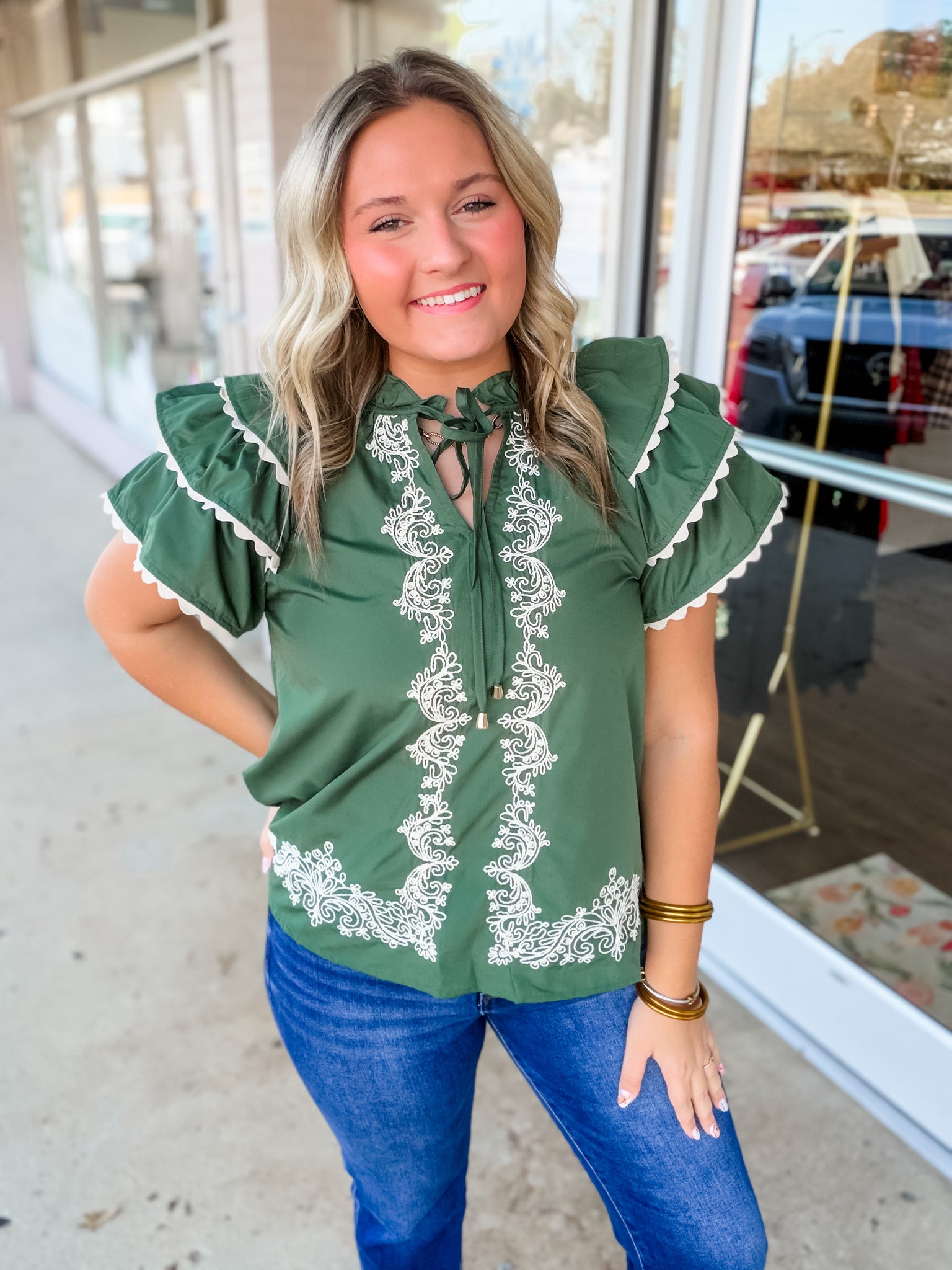 Evergreen Lace Peasant Blouse
