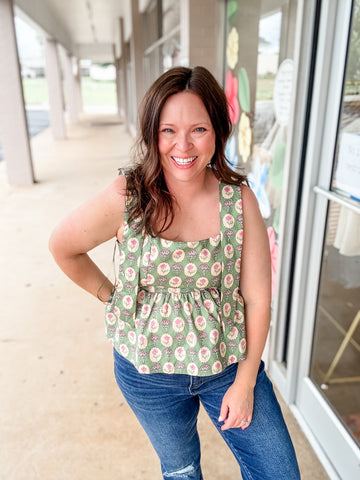 Olive Green Floral Top