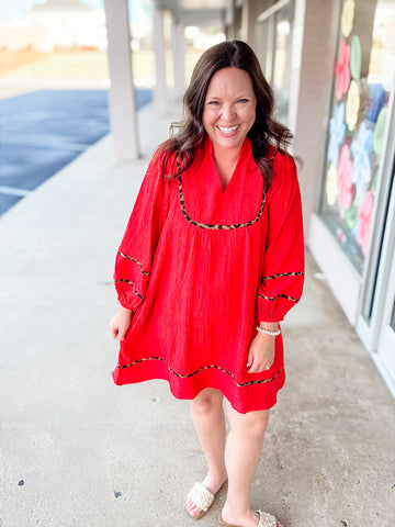 Red Leopard Trim Dress