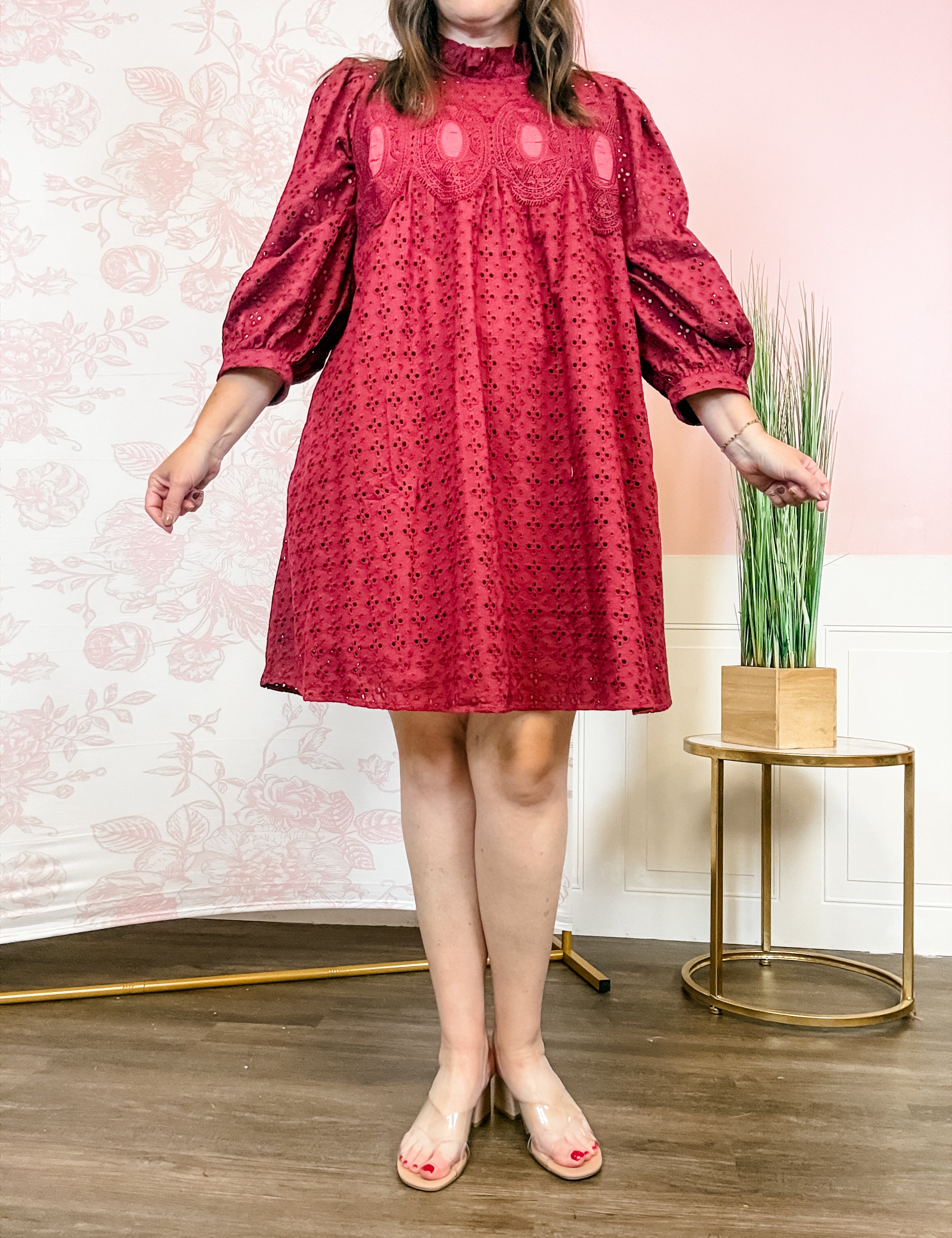 Burgundy Eyelet Puff-Sleeve Dress