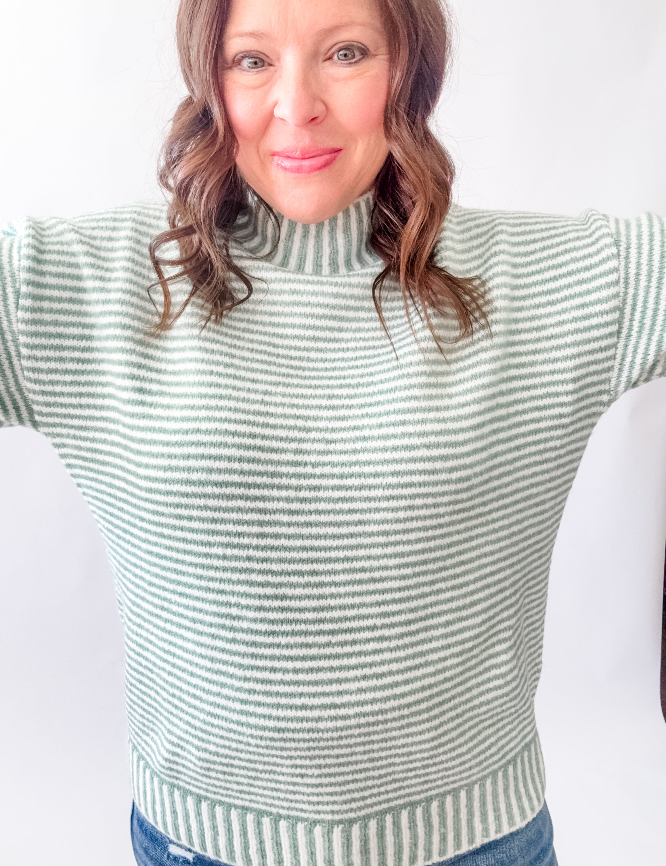 Sage Stripe Mock Neck Sweater