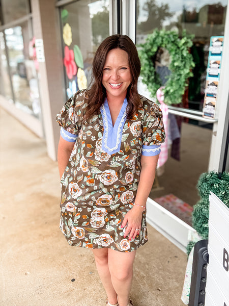 Blue & Brown Watercolor Floral Dress