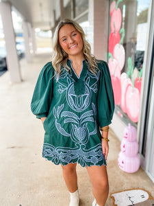 Emerald Vine Embroidered Tunic Dress
