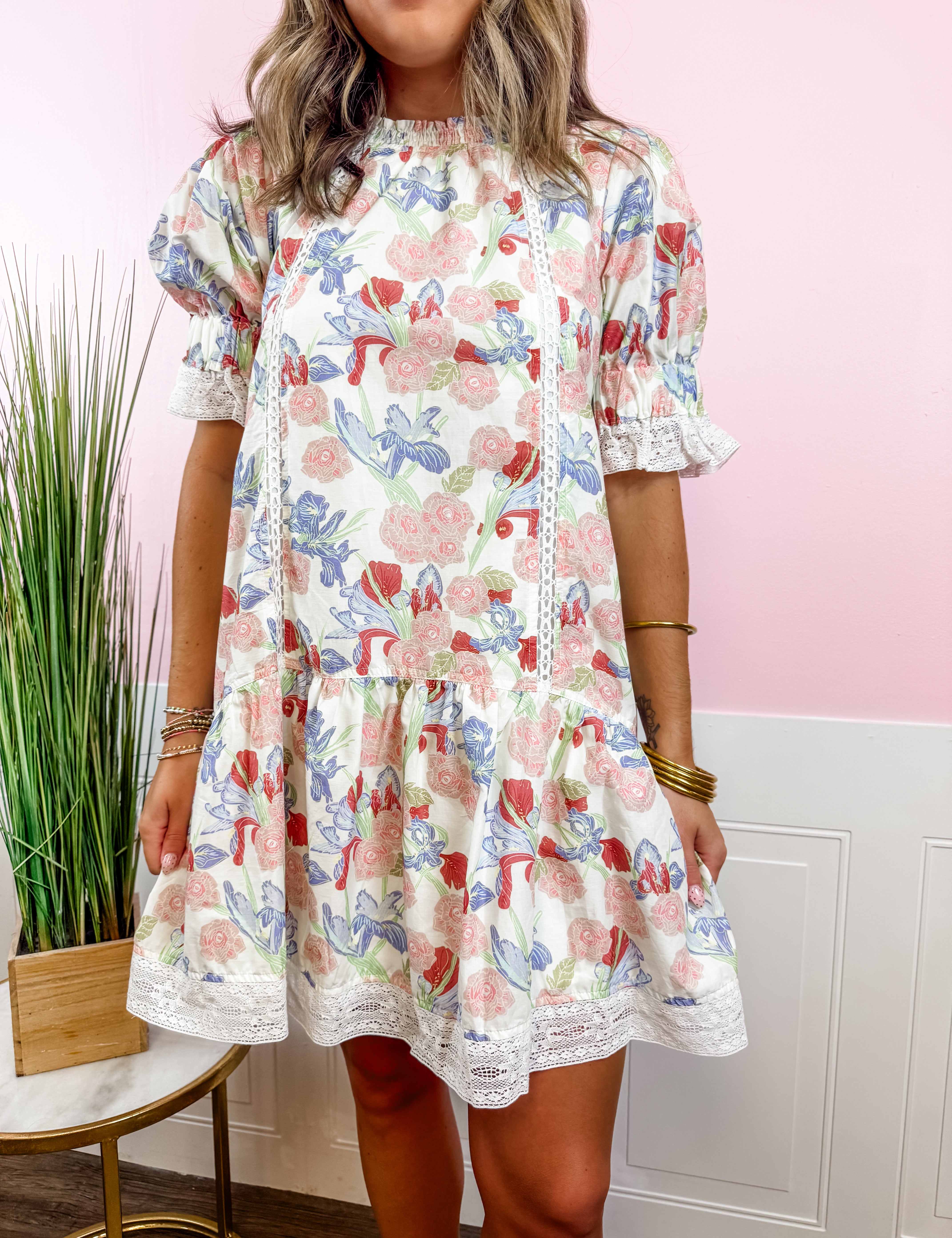 Ivory Floral Lace Trim Dress