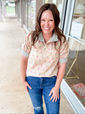 Floral Seersucker Trim Top