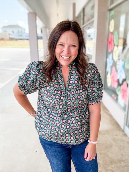 Teal & Brown Dainty Floral Top