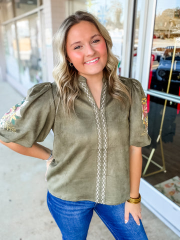 Olive Trail Embroidered Top
