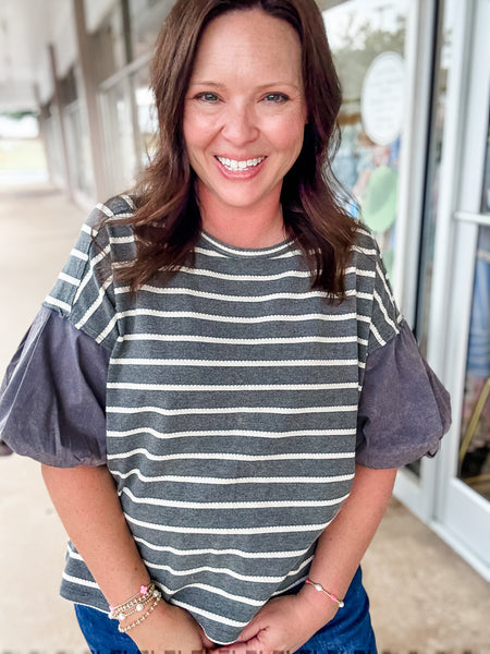 Gray Striped Bubble Sleeve Top