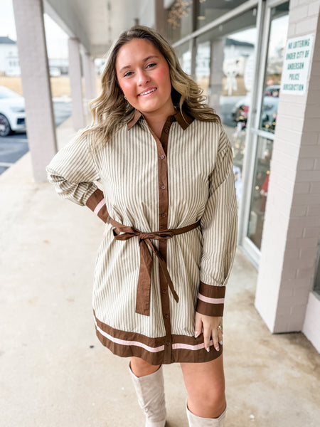 Sandstone Stripes Belted Shirt Dress