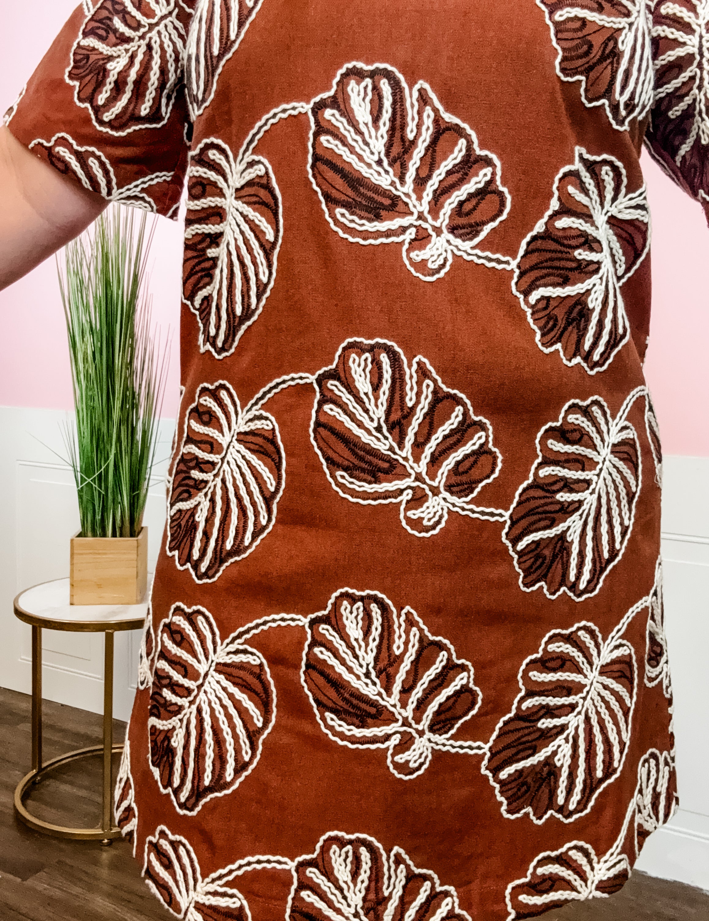 Brown Leaf Embroidered Crew Neck Dress