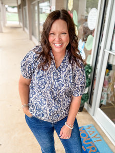Navy Blue Floral Blouse