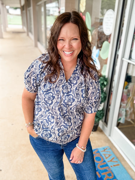 Navy Blue Floral Blouse