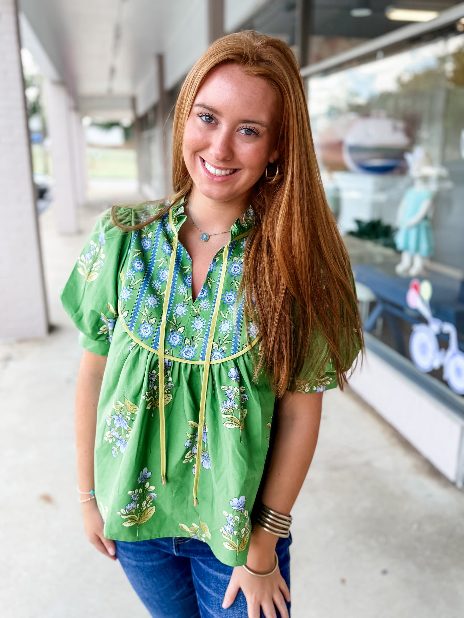 Green & Blue Floral Print Blouse