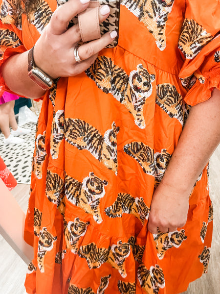 Sequin Tiger Dress:  Queen of Sparkles orange
