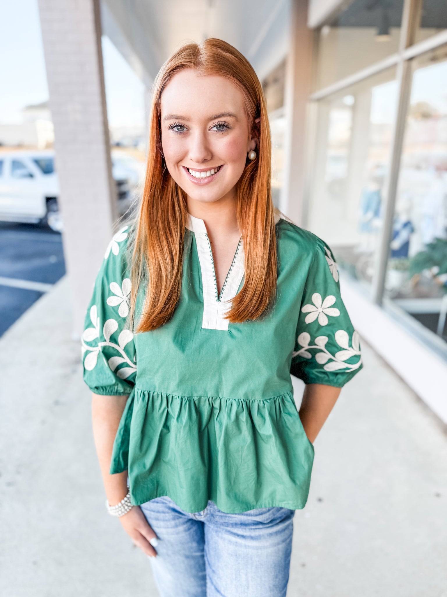 Green Floral Embroidered Top