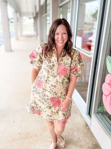 Soft Tan Rose Print Dress