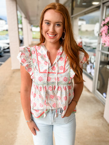 Coral Floral Pattern Top