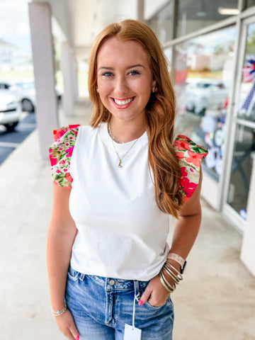 White Floral Ruffle Sleeve Top