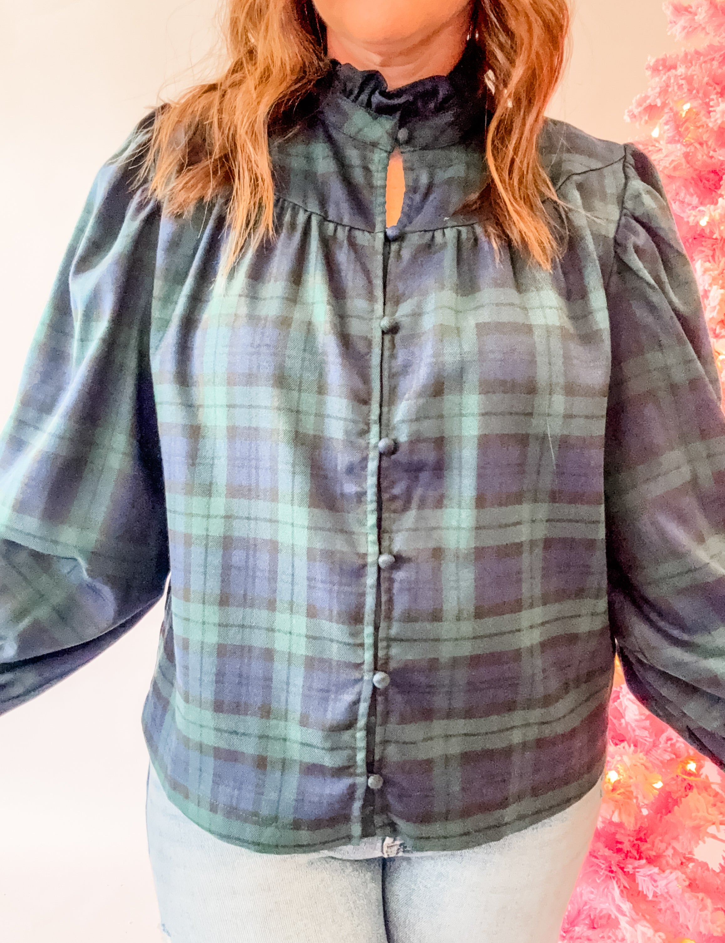 Navy Green Plaid Ruffle Neck Balloon Sleeve Blouse