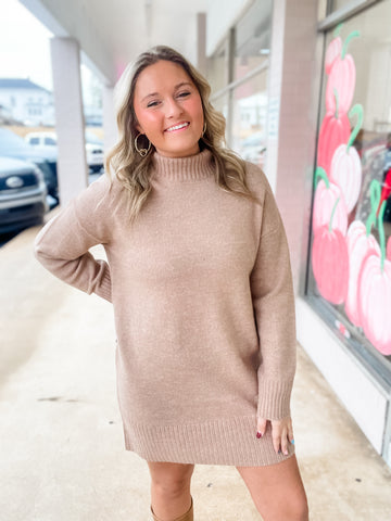 Mocha Mist Turtleneck Oversized Sweater Dress