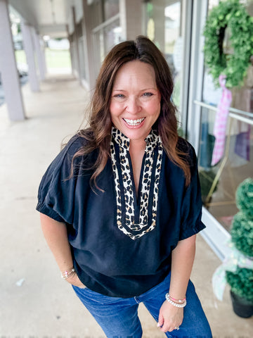Black Leopard Trim Top