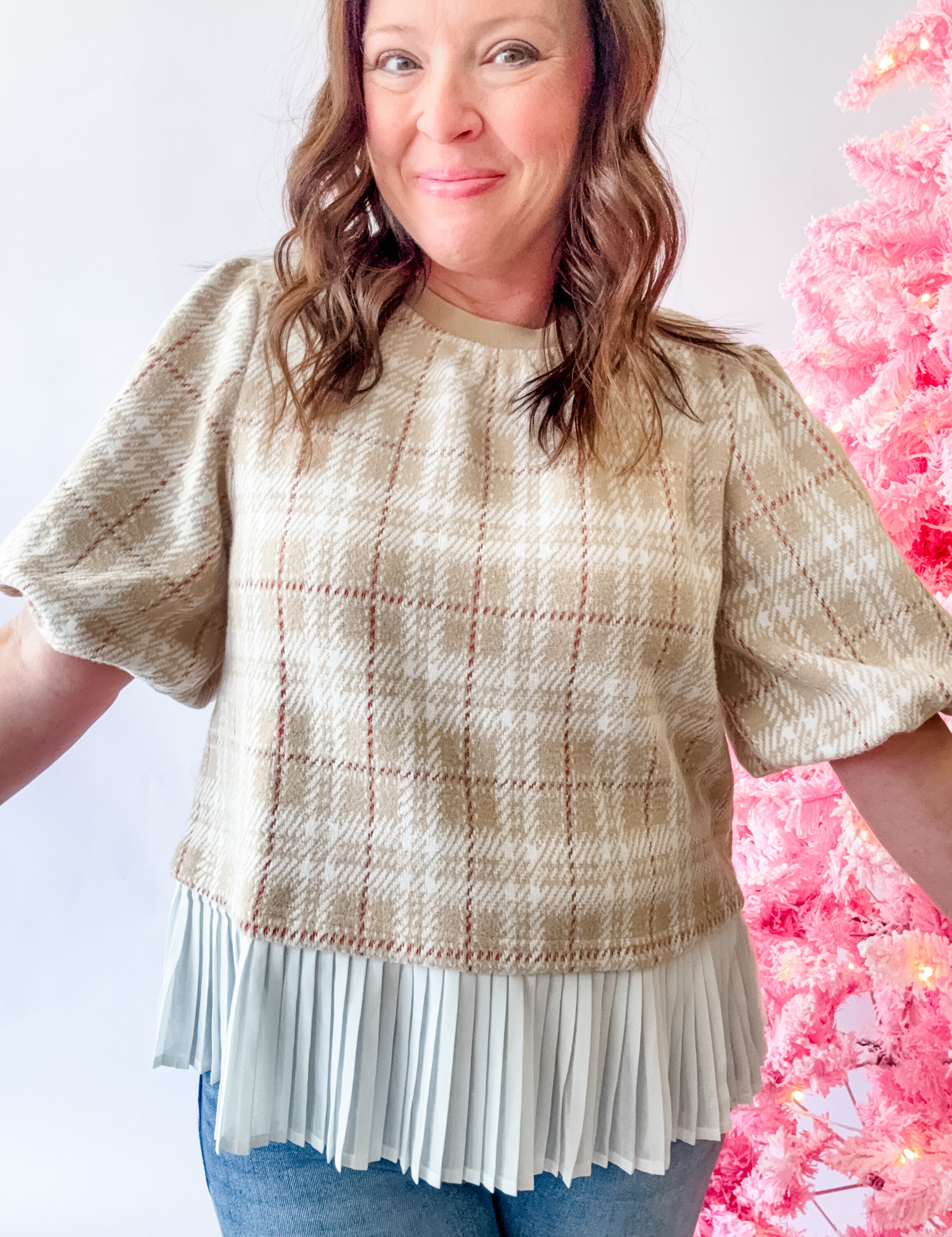 Beige Plaid Pleated Hem Puff Sleeve Top