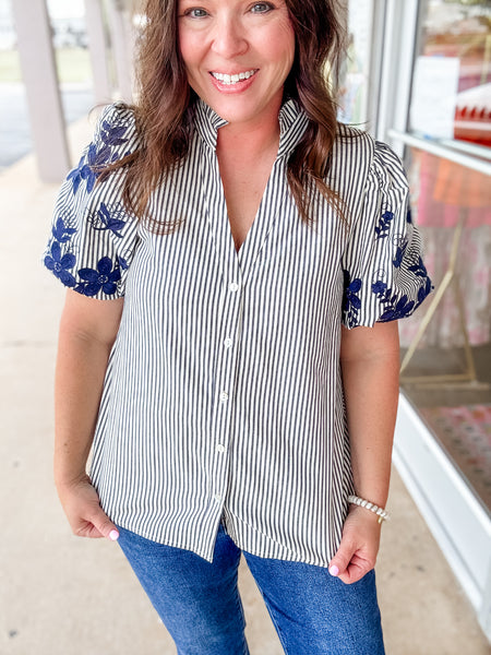 Navy & White Strip Floral Sleeve Top