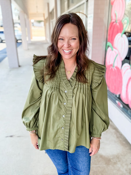 Autumn Olive Pleats Blouse