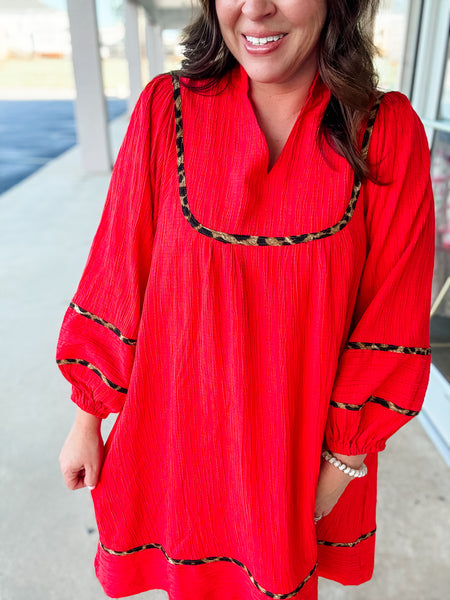 Red Leopard Trim Dress