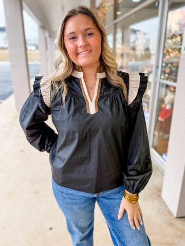 Chic Contrast Ruffle Yoke Top