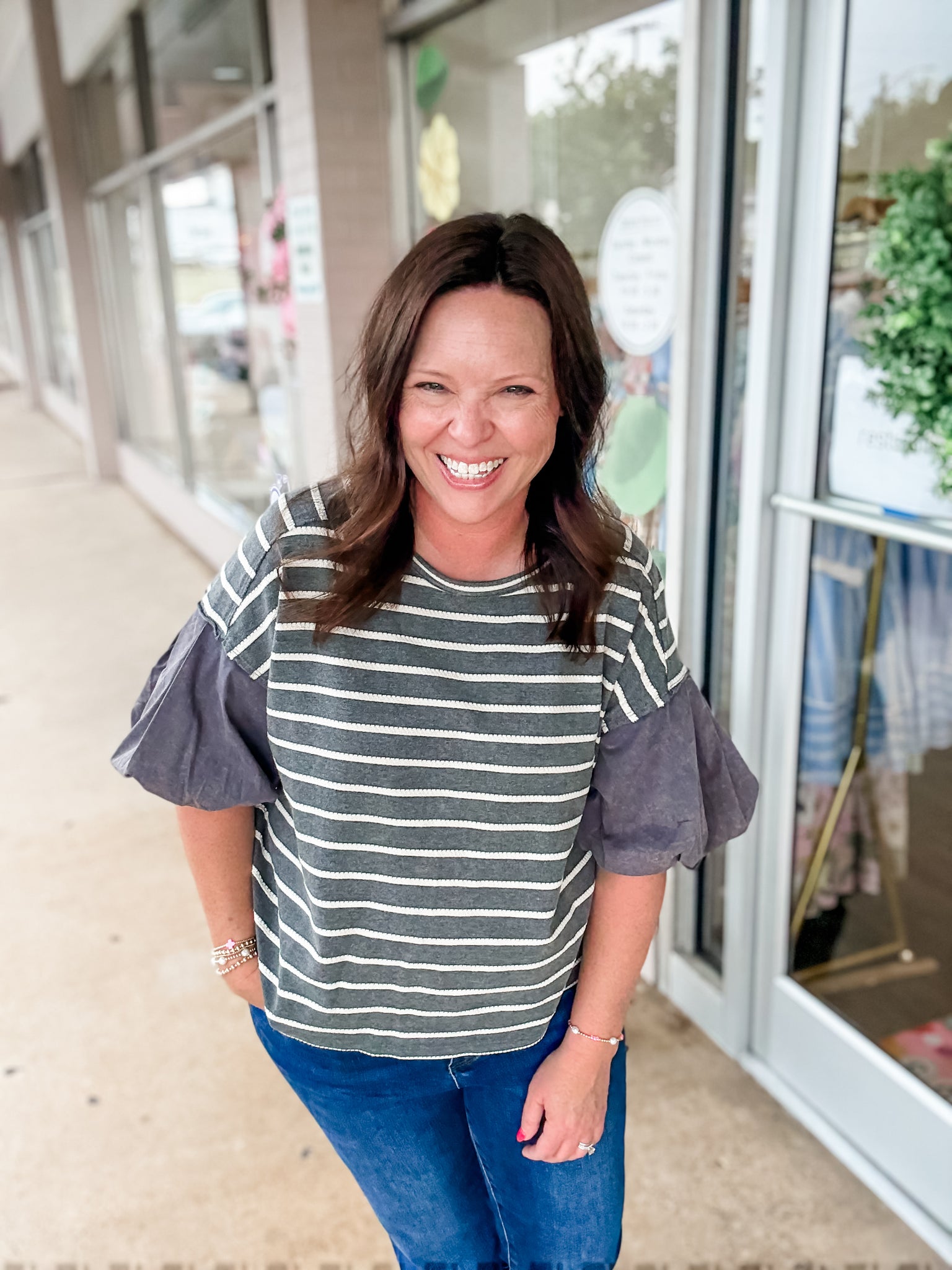 Gray Striped Bubble Sleeve Top