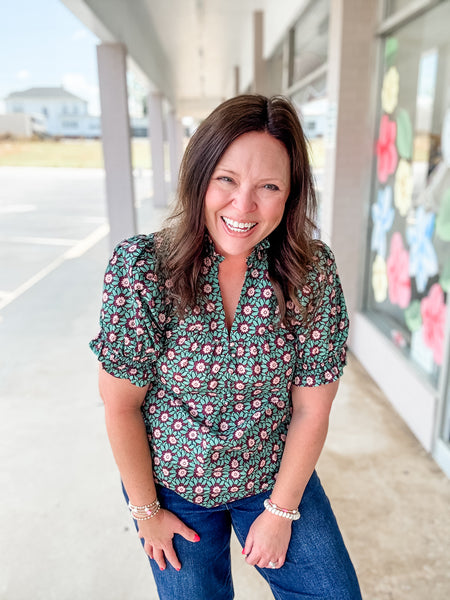 Teal & Brown Dainty Floral Top