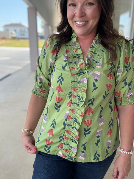 Green Floral Ruffle Top