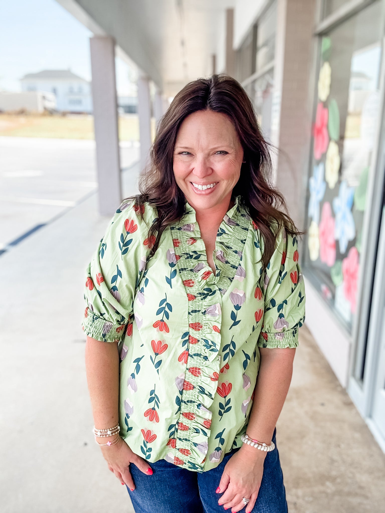 Green Floral Ruffle Top