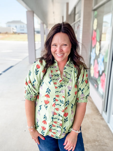 Green Floral Ruffle Top