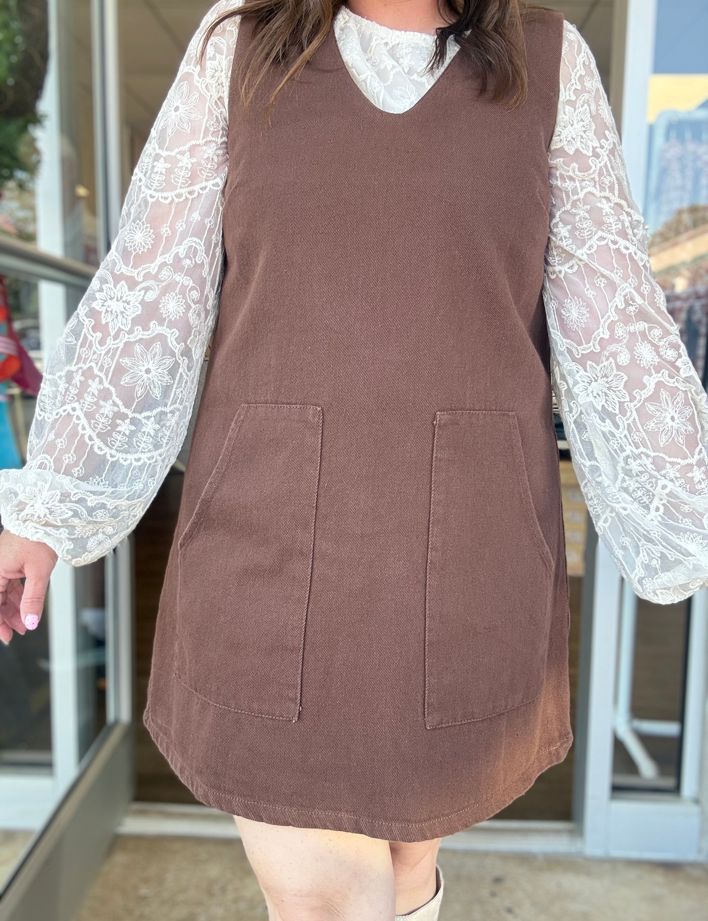 Cocoa Twill V-Neck Jumper Dress