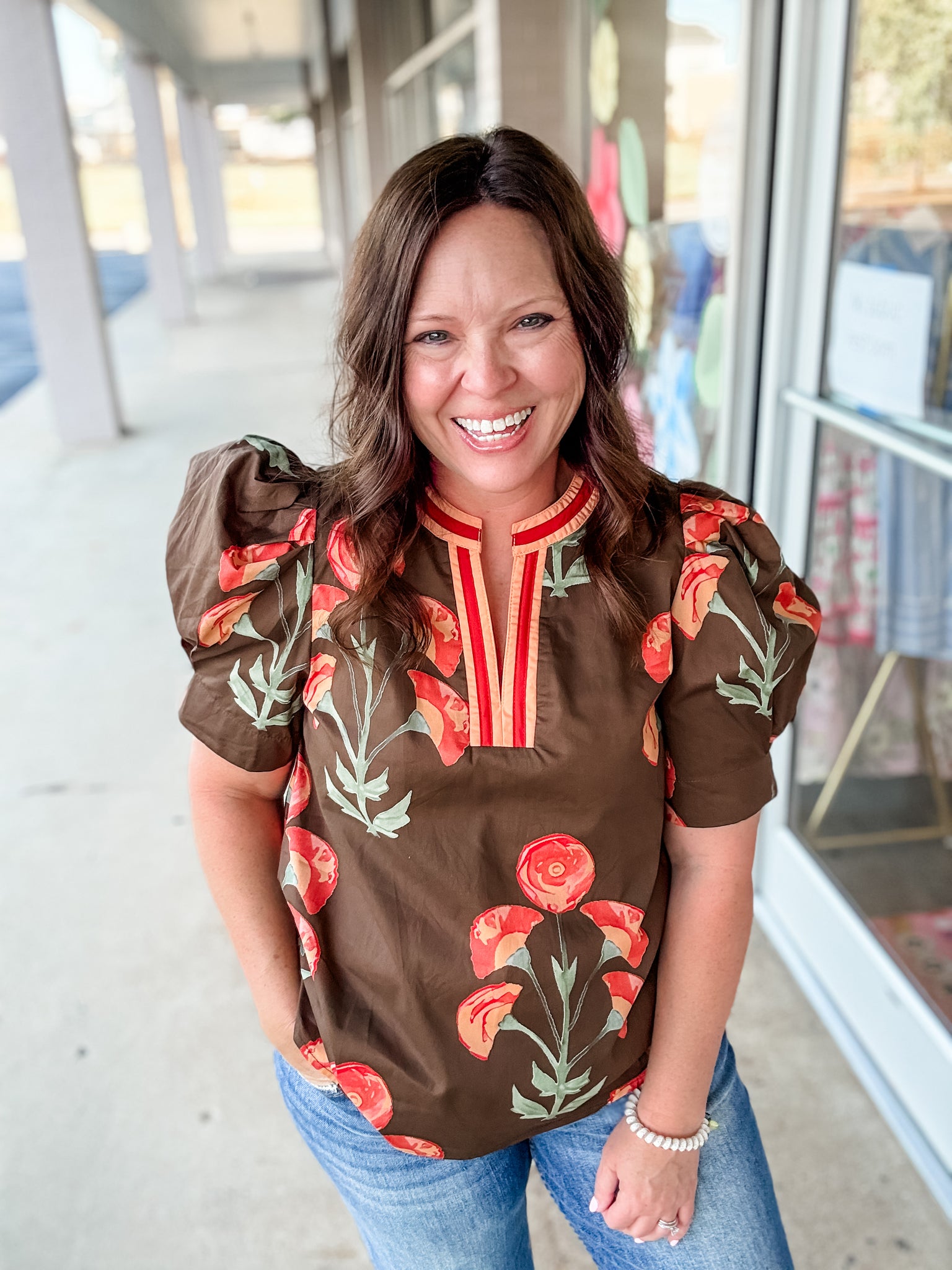 Amanda Brown & Red Blouse