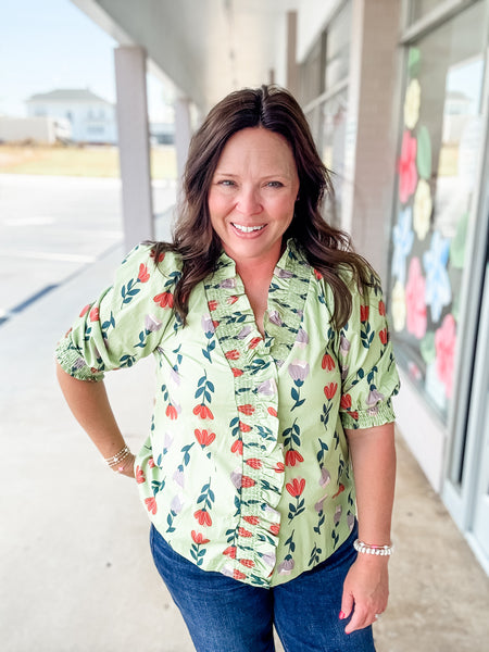 Green Floral Ruffle Top