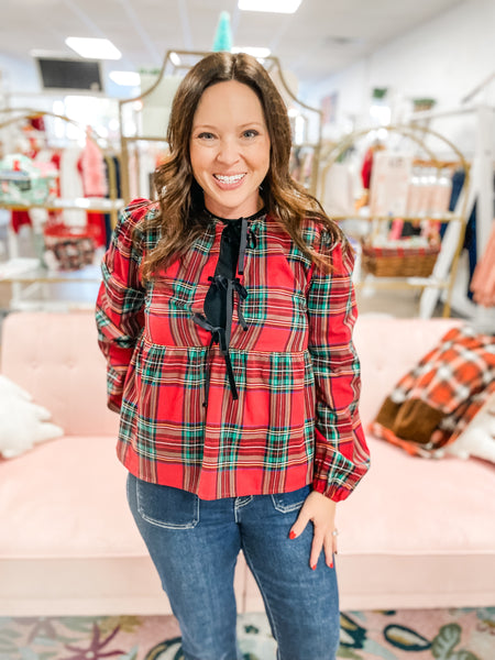 Velvet Bow Tartan Plaid Top:  red