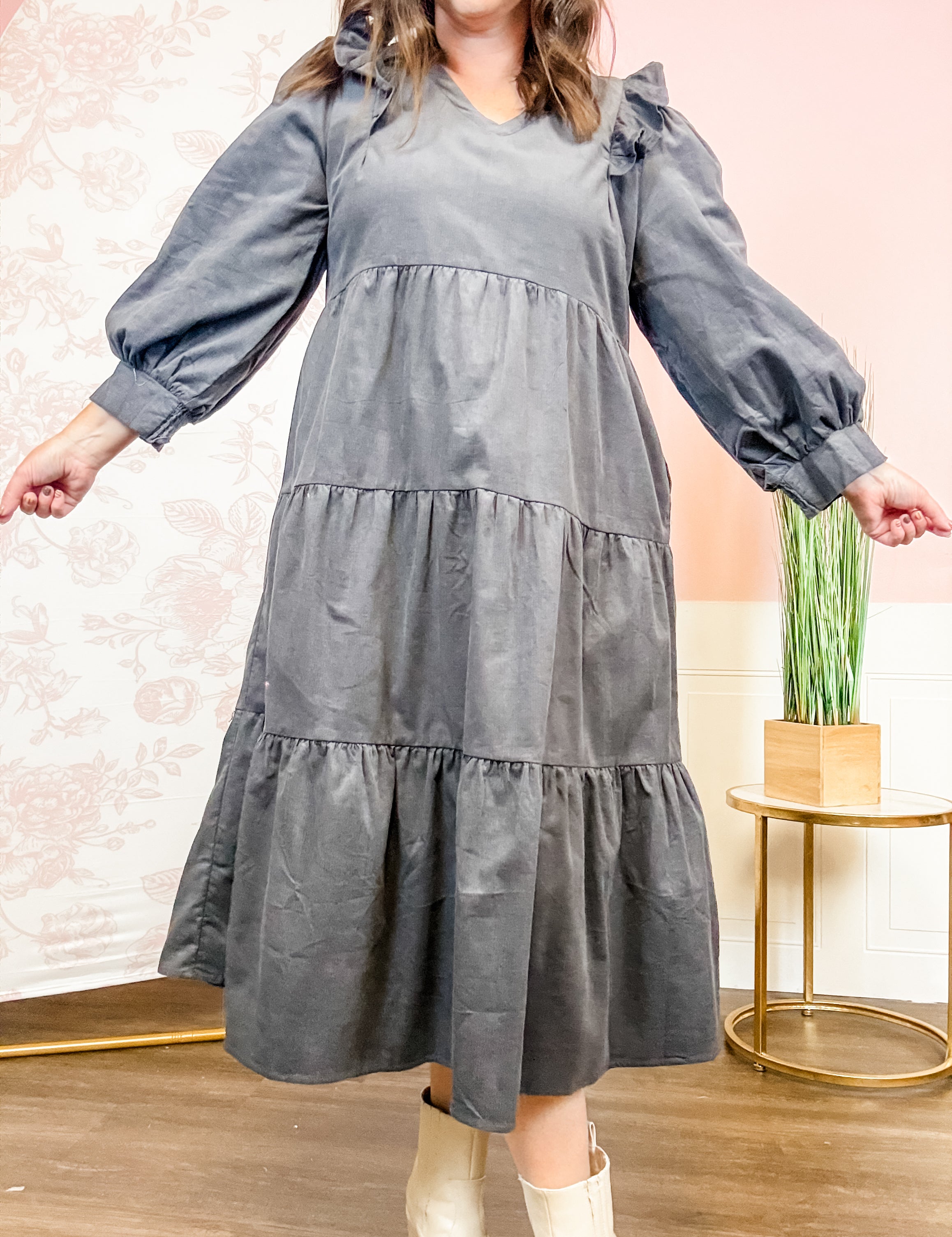 Charcoal Ruffle Tiered Midi Dress