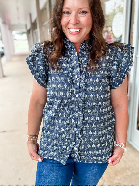 Short Flutter Sleeve Navy Blue & White Floral Blouse